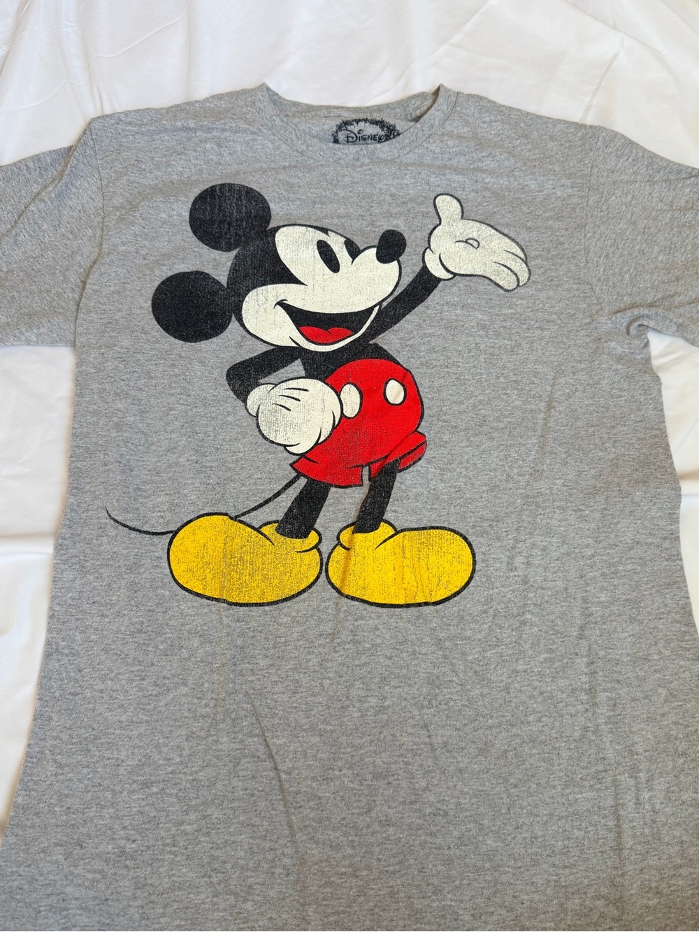 Disney Gray Mickey Graphic T‑Shirt with Red & Yellow Accents